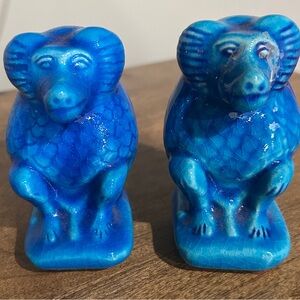 Vintage Pair of Blue Ceramic Baboon Figurines